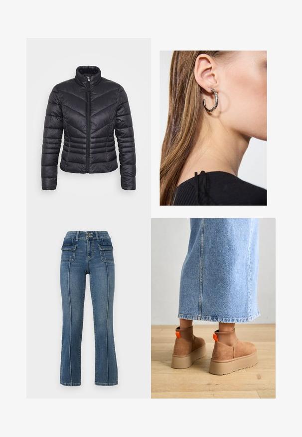 Sort pufferjakke med høj krave, lynlås lukning, chevron quiltet mønster og en tætsiddende design. Fremstillet af letvægts, skinnende materiale.; Even&Odd Petite 2 PACK - Top - light grey/black; ONLY Petite ONLWAUW MID WAIST FLARED - Flared jeans - medium blue denim; Brune ruskinds platform støvler med elastiske sidepaneler og orange trækstropper, parret med en knælang lys denimnederdel på et trægulv.; Sølv hoop ørestik med en poleret overflade, prydet med små guld accenter og en rund form, båret på øreflippen.