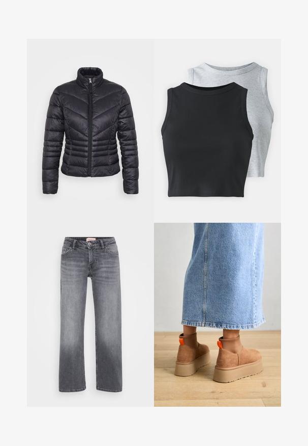 Crna pufasta jakna s visokim ovratnikom, zatvaranjem na patentni zatvarač, chevron odresima i prilagođenim dizajnom. Izrađena od laganog, sjajnog materijala.; Even&Odd Petite 2 PACK - Top - light grey/black; Sive traperice sa ravnim nogavicama, stil pet džepova, blago izblijedjele i s kopčanjem na gumbe u struku.; Smeđe suede platform čizme s elastičnim bočnim panelima i narančastim vučnim trakama, uparenim s suknjom od svijetlog denima do koljena na drvenom podu.