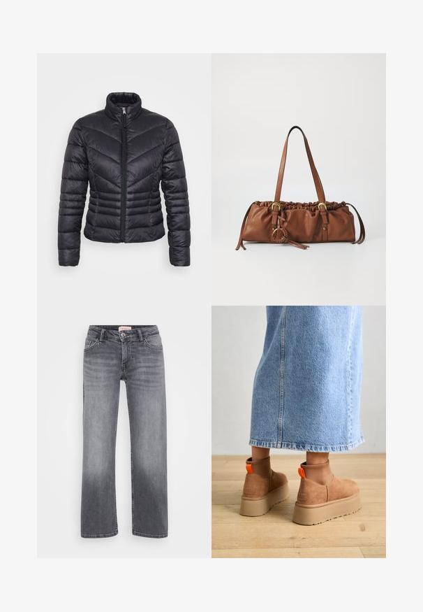 Sort pufferjakke med høj krave, lynlås lukning, chevron quiltet mønster og en tætsiddende design. Fremstillet af letvægts, skinnende materiale.; Even&Odd Petite 2 PACK - Top - light grey/black; Grå denim jeans med lige bendesign, fem-lommestil, subtil fading og trykknaplukning i taljen.; Brune ruskinds platform støvler med elastiske sidepaneler og orange trækstropper, parret med en knælang lys denimnederdel på et trægulv.; Brun læderhåndtaske med samlet top, justerbare stropper og metalaccenter. Har en rund flettet detalje på siden.