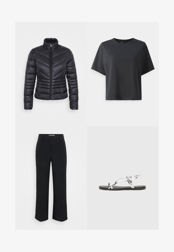 Zwarte pufferjack met hoge kraag, ritssluiting, chevron-quiltpatroon en een aansluitend ontwerp. Gemaakt van lichtgewicht, glanzend materiaal.; Zwarte katoenen t-shirt, korte mouwen, ronde hals, losse pasvorm, gladde textuur, eenvoudig ontwerp, geen patronen of accenten.; Zwarte wijde broek met een soepele textuur, voorzien van een platte tailleband en zijzakken, ontworpen met een minimalistische esthetiek.; Zilveren metallic sandalen met een minimalistisch ontwerp, met dunne banden en een zwarte platte zool. Kenmerken zijn de kruisbandsaccenten.