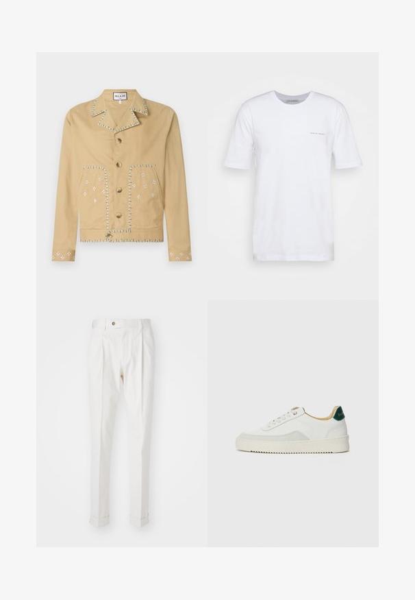 Beige Baumwolljacke mit Reverskragen, fünf Knöpfen und gestickten floralen Mustern in Weiß und Blau auf Taschen und Ärmeln.; Weißes T-Shirt mit kurzen Ärmeln aus Baumwolle, mit Rundhalsausschnitt und einem kleinen aufgedruckten Logo auf der linken Seite. Glatte Textur, lässige Passform.; Weiße, maßgeschneiderte Hosen mit flachem Bund, zwei Falten und umgeschlagenen Säumen. Hergestellt aus einem glatten Stoff mit einem Knopfverschluss an der Taille.; Weiße Sneaker mit Wildlederelementen, runder Zehenpartie, flachen Schnürsenkeln und einer cremefarbenen Gummisohle. Mit grünen Markenlogo am Fersenbereich.