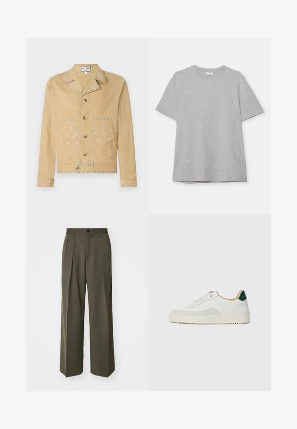 Chaqueta de algodón color tostado con cuello con muescas, cinco botones y patrones florales bordados en blanco y azul en los bolsillos y las mangas.; Camiseta gris de manga corta hecha de una tela suave y texturizada. Presenta un cuello redondo clásico y un dobladillo recto, adecuada para uso casual.; Filippa K WIDE TROUSERS - Pantalones - driftwood; Zapatilla blanca con acentos de ante, puntera redondeada, cordones planos y suela de goma color crema. Presenta un logo verde en el talón.
