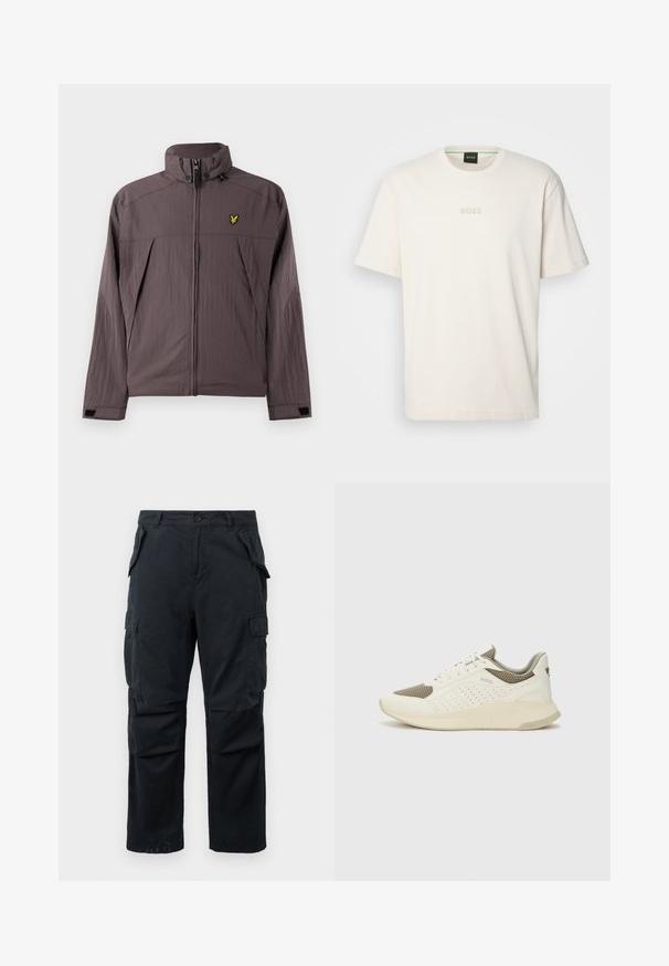 Lyle & Scott FOLD AWAY HOOD JACKET - Ľahká bunda - espresso; BOSS TEE - Základné tričko - open white; Čierne cargo nohavice vyrobené z odolnej tkaniny, s viacerými postrannými vreckami, rovnými nohavicami a zapínaním na gombík v páse.; Biele a svetlo béžové športové tenisky s hornou časťou z mriežkového materiálu, perforovanými detailmi a textúrovanou medzipodrážkou s logom na päte.