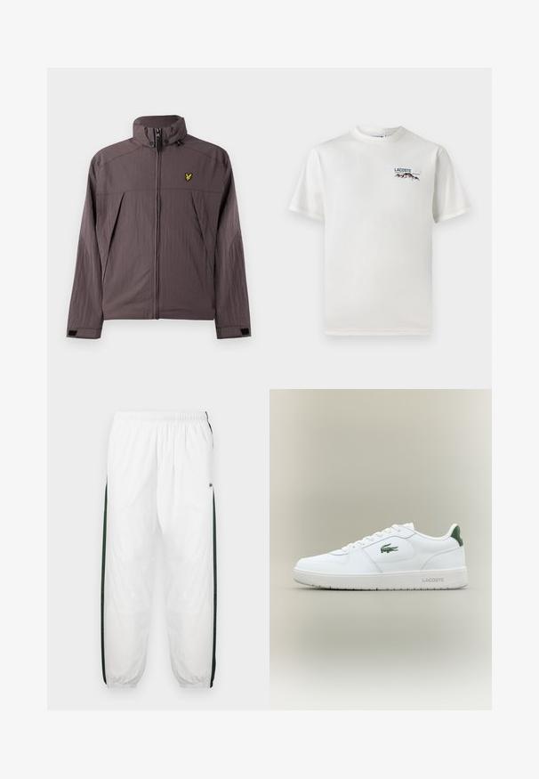Lyle & Scott FOLD AWAY HOOD JACKET - Lagana jakna - espresso; Bijela pamučna majica s okruglim izrezom, kratkim rukavima i malim izvezenim logotipom koji prikazuje planine i tekst na lijevoj strani grudi.; Bijele trenirke s tamnozelenim bočnim trakama. Lagani materijal, elastičan pojas i manžetne na rubovima. Sadrže mrežastu teksturu na bočnim trakama.; Bijele kožne tenisice s glatkom površinom, zelenim naglascima na peti i zelenim logotipom sa strane. Imaju ravni potplat i okrugli vrh.