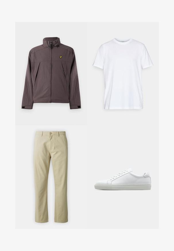 Lyle & Scott FOLD AWAY HOOD JACKET - Light jacket - espresso; White cotton t-shirt with short sleeves, round crew neckline, and a relaxed fit. Features minimalistic design, no patterns or accents.; Beige cotton trousers with a straight-leg design, front button closure, and belt loops. Smooth texture, no visible patterns or accents.; White sneaker with a smooth leather upper and a low profile. Features a rounded toe, six eyelets, and a textured rubber sole.
