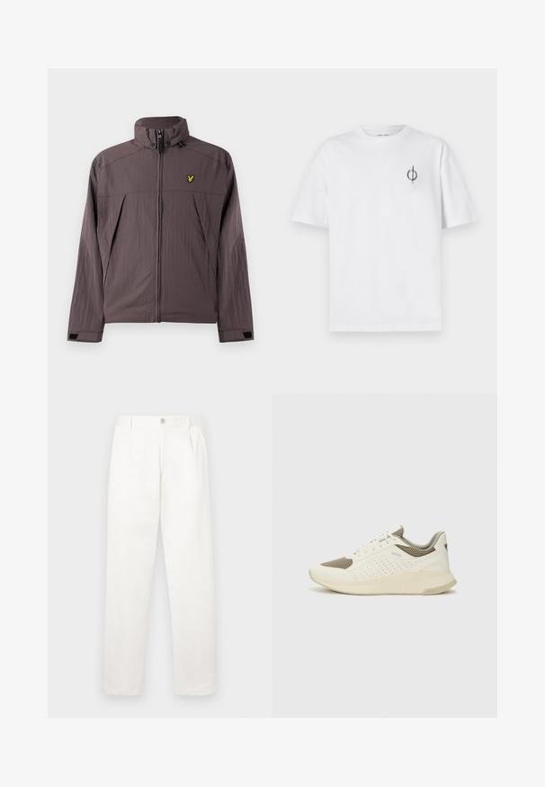 Lyle & Scott FOLD AWAY HOOD JACKET - Kerge jope - espresso; Valge puuvillane t-särk lõdva sobivusega, millel on vasakul rinnal väike must graafiline logo. Lühikesed varrukad, ümmargune kaelus.; Valged püksid, mis on valmistatud siledast kangast, sirge jala disainiga, ees olevate voldidega ja ühekordse nupuga vöökohtadel.; Valge ja heledat beeži värvi spordijalats, millel on õhuke võrkmaterjal, perforatsioonidega detailid ning tekstuuriga vahetald, millel on brändi logo kannaosas.