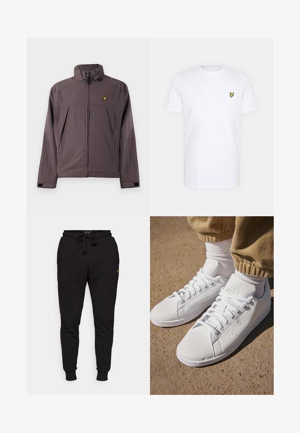 Lyle & Scott FOLD AWAY HOOD JACKET - Lahka jakna - espresso; Bela bombažna majica s kratkimi rokavi, ki ima na levem prsnem delu majhno črno in rumeno vezeno logotip. Okrugli izrez.; Črne bombažne hlače za prosti čas z elastičnim pasom, vrvico in rebrastimi manšeti. Imajo majhen rumen logotip na levem stegnu.; Beli usnjeni športni copati s gladko površino, z brezčasnim vezalnim dizajnom, perforacijami za zračnost in teksturiranim gumiranim podplatom.