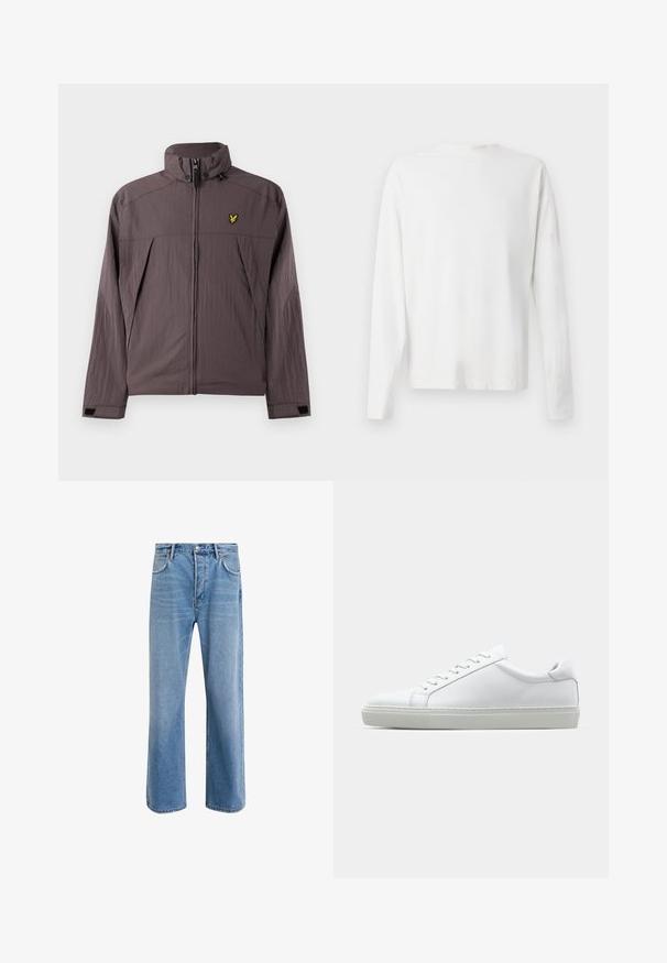 Lyle & Scott FOLD AWAY HOOD JACKET - Overgangsjakke - espresso; Langærmet hvid bomulds skjorte med rund halsudskæring, sideslids i bunden og en glat overflade, vist bagfra.; Lyseblå denim jeans med lige ben-design, fem lommer, knaplukning, minimal falming og kontraststingdetaljer.; Hvide sneakers med en glat læderoverdel og lav profil. Har en rund tå, seks snørehuller og en tekstureret gummisål.