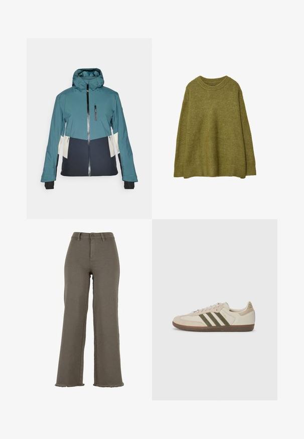 Turkoosi ja must takki, jossa on tiukasti istuva huppu, vetoketjukiinnitys ja vetoketjulliset taskut. Sisältää kontrastivärisiä kermaisia paneeleja ja elastiset hihansuut.; Ylihäntä olivevihreä neulepaita, jossa on ribatty pyöreä pääntie ja helma. Kankaan pinta on pehmeä ja siinä on hienovarainen kiilto. Rennon mallinen, pitkät hihat.; Olivi vihreät leveät housut, jotka on valmistettu denimestä ja joissa on nappikiinnitys, revityt helmukset ja etutaskut. Tasainen rakenne koko pitkä.; adidas Originals SAMBA OG UNISEX - Matalavartiset tennarit - alumina/medium dark khaki/gum