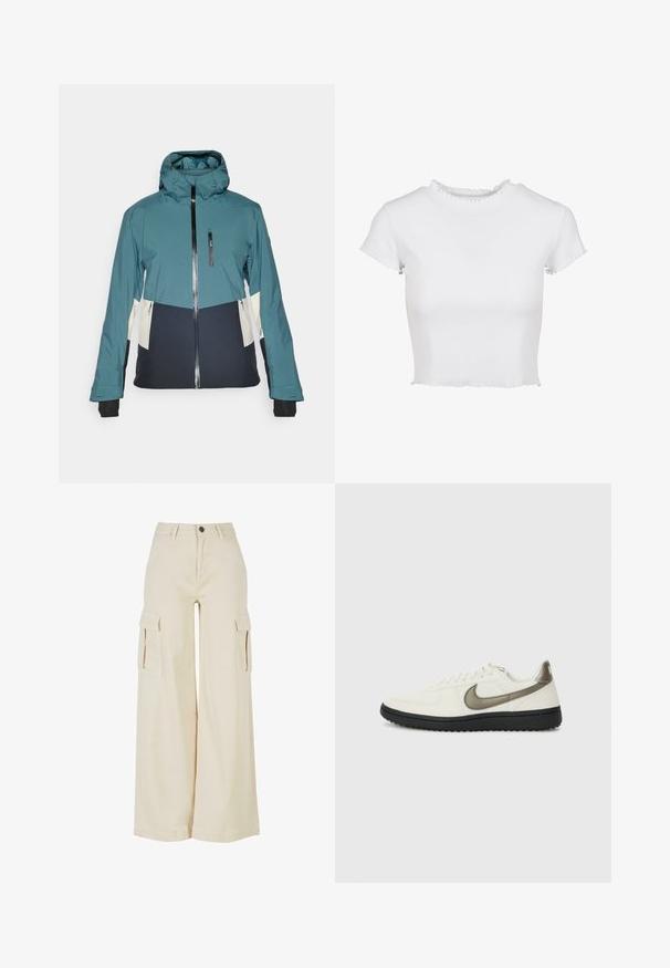 Türkiissinine ja must jope, millel on keha ümber istuv kapuuts, lukuga kinnitamine ja lukuga taskud. Omab vastandlikke kreemjaid paneele ja elastseid mansette.; Valge lühikeste varrukatega kropp teepus, mis on valmistatud ribakanga materjalist. Omab lühikesi varrukate lõppe, mille servad on lahtised, ning ümmargust kaelaaugu, millel on volanga detail.; Beez värvi laiad cargo püksid, mis on valmistatud puuvillast, kahte suurt külge taskut, ees nupuga sulgemine ja puhas äär.; Nike Sportswear FIELD GENERAL - Tossud - off-white/black