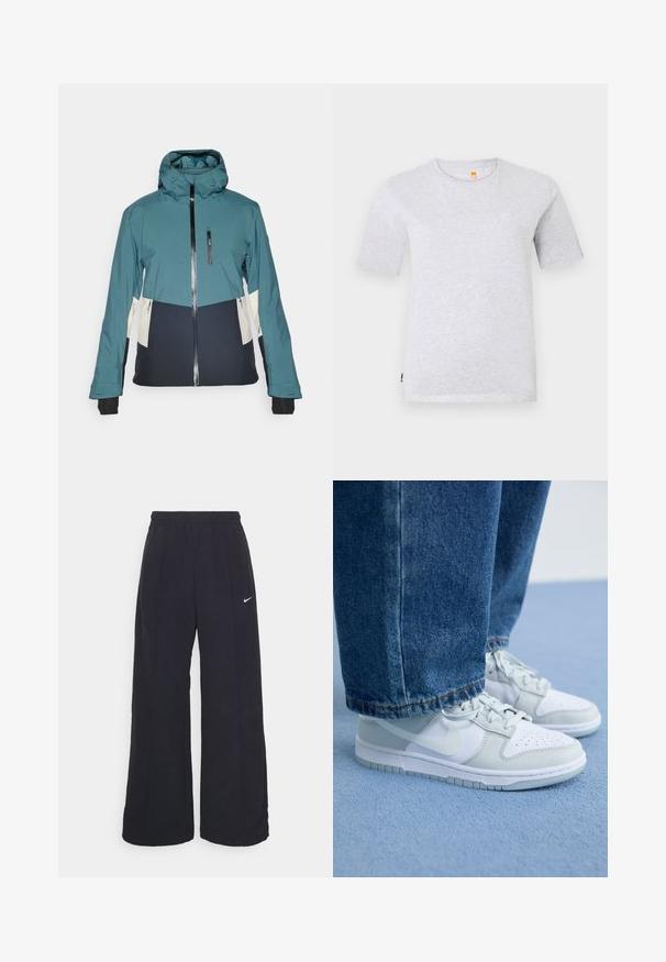 Turquoise and black jacket with a fitted hood, zipper closure, and zippered pockets. Features contrasting cream panels and elastic cuffs.; Grey short-sleeve t-shirt made of soft jersey fabric, featuring a crew neckline and a small logo on the chest. Simple, minimalist design.; Black wide-leg pants with an elastic waistband and a small white Nike logo. Fabric has a smooth texture, designed for comfort and casual wear.; Nike sneakers in white and light gray leather with perforated toe, flat laces, and a rubber sole, paired with blue denim jeans.