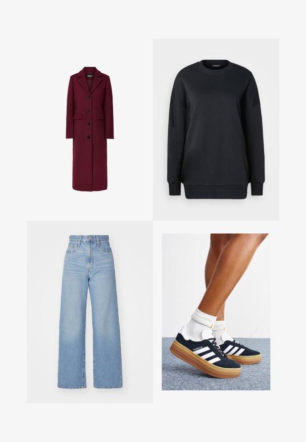 Lang, burgunderfarget ullkåpe med hakket krage, fem svarte knapper og to lommer foran. Glatt tekstur og rett silhuett.; Svart hettegenser laget av bomull, med rund hals, lange ermer og avslappet passform. Glatt tekstur med ribbede mansjetter og kant.; Lys blå høytlivs vide jeans med knapp- og glidelås lukking foran, foran og bak lommer, på en hvit bakgrunn.; Svarte sneakers i semsket skinn med hvite striper og detaljer, rund tå, yttersåle i gummigummi, kombinert med hvite ribbestrikkede crew-sokker.
