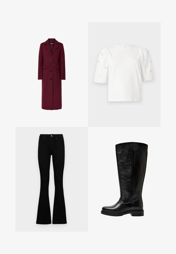 Dlouhý vínově červený vlněný kabát s klopovým límcem, pěti černými knoflíky a dvěma předními kapsami. Hladká textura a rovný střih.; Bílý bavlněný tričko s krátkými nabíranými rukávy, zdobené malými stříbrnými detaily podél rukávů. Klasický kulatý výstřih, volný střih.; Černé vysoké džíny s knoflíkem a zipovým zapínáním, předními kapsami a rozšířenými nohavicemi, ležící na bílé podložce.; Vysoká černá kožená holínka po kolena s nízkým klínovým podpatkem a kulatou špičkou, vystavená na bílém pozadí.