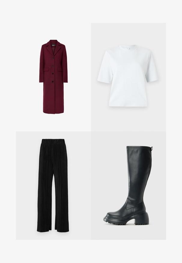 Hosszú, bordó színű gyapjúkabát bevágott gallérral, öt fekete gombbal és két első zsebbel. Sima textúra és egyenes sziluett.; Világoskék, rövid ujjú póló, puha pamutból készült. Klasszikus, kerek nyakú és laza szabású, minta vagy díszítés nélkül.; Fekete pliszírozott nadrág gumis derekkal. Széles lábakkal rendelkezik, sima, texturált anyagból készült, függőleges csíkokkal.; Magas fekete bőrcipő, vastag platform talppal és blokk sarokkal, húzófüllel és texturált profillal az outsole-on.