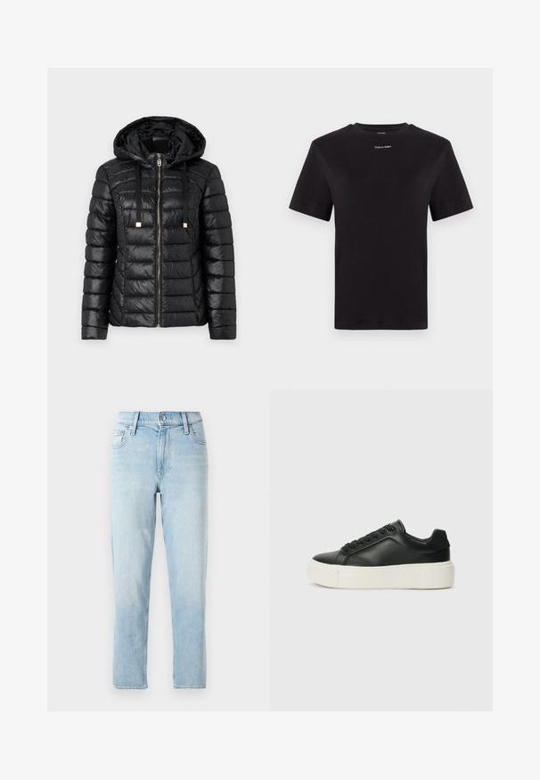 Giubbotto a sacco nero con cappuccio, dotato di zip frontale, cordini elastici, motivo trapuntato e tessuto lucido.; T-shirt in cotone nero con maniche corte, colletto a girocollo e piccolo logo bianco "Calvin Klein" sul petto. Texture liscia, vestibilità classica.; Jeans in denim azzurro chiaro, design a gamba dritta, vita media, con cinque tasche e chiusura con bottone davanti.; Sneaker in pelle nera con punta arrotondata, suola piatta bianca e lacci neri. Presenta un logo sottile sul tallone e una texture liscia.