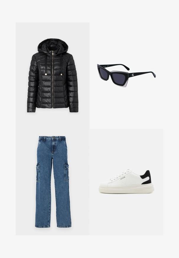 Fekete puff jacket kapucnival, elülső cipzárral, elasztikus húzózsinórral, steppelt mintával és fényes anyagból.; Fehér alapú, vízszintes sötétkék csíkos pamut póló. A mellkason írásos stílusban hímzett "Tommy Hilfiger" felirat. Kerek nyakú.; Kék farmer cargo nadrág laza szabással, két oldalsó zsebbel, megerősített varrással és egyenes lábbal.; Fehér bőr sportcipők vastag fehér talppal, fekete velúr sarokpikkelyel és dombornyomott logóval az oldalon. Fűzős kialakítás, hat fűzőlyukkal.; Fekete, nagyméretű napszemüveg geometrikus formával, sötét lencsékkel és kontrasztos szürke részlettel a kereten. Logó a szárán.