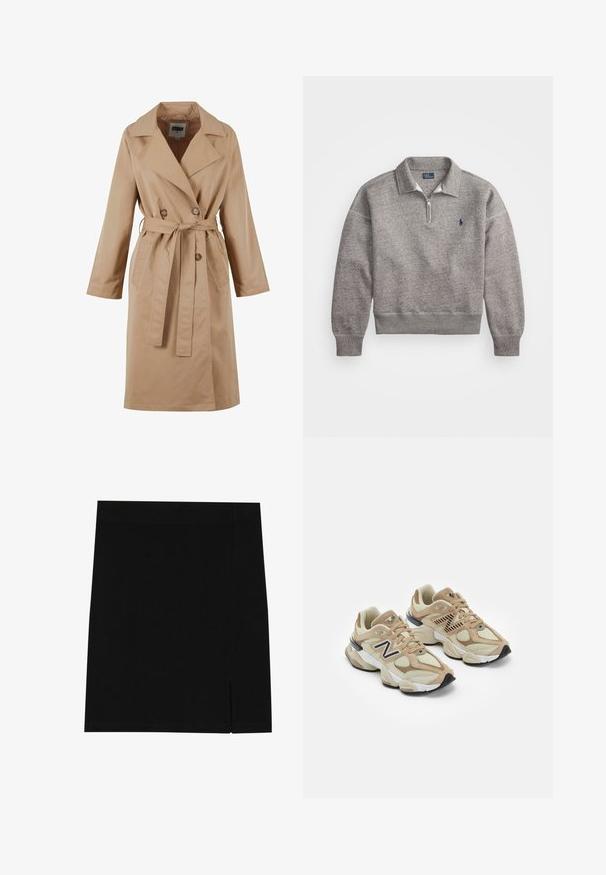 Bežinis tranšėja su dvigubu mygtukų uždarymu, dideliu apykakle, juosmens diržu ir šoninėmis kišenėmis. Pagaminta iš lygios, lengvos medžiagos.; Pilkas sportinis džemperis su pusiau užtraukiama apykakle, raukšlėtomis rankovėmis ir mažuoju siuvinėtu logotipu ant krūtinės. Minkšta medvilnės ir sintetinių pluoštų medžiaga.; Juoda mini sijonas, pagamintas iš švelnios medžiagos, su prigludusia forma, su lengva plyšyje šone tam, kad suteiktų papildomą akcentą.; Šviesiai rudos sportbačiai, pagaminti iš tinklinės ir zomšos medžiagų. Ypač išryškintas juodas logotipas ir tekstūruoti akcentai. Storas baltas tarpkalnis ir juodas gumos padas.