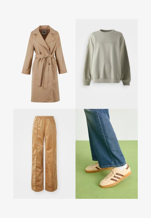Beige trenčkot s dvojitým zapínaním, veľkým golierom, viazacím pásom a bočnými vreckami. Vyrobený z hladkej, ľahkej látky.; Olivovo zelená mikina vyrobená z mäkkej tkaniny, s okrúhlym výstrihom, spustenými ramenami a vyrazeným bielym logom adidas na prednej strane.; Béžové široké nohavice vyrobené z mäkkého, zamatového materiálu. Obsahujú elastický pás a vertikálne švy na prednej strane pre dodatočný detail.; Béžové tenisky s textúrovanými krémovými panelmi a hnedými pruhmi, skombinované s modrými džínsami. Džínsy majú široké nohavice a roztrhnutý lem.