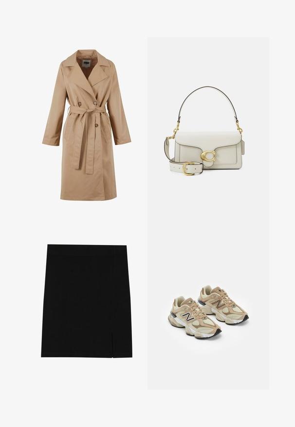 Bež mantell, millekordne disain, suur krae, lipsukäe ja küljetaskudega. Valmistatud siledast ja kergest kangast.; Pikend varrukatega valge puuvillane särg, millel on nööbitekk ja klassikaline krae, ümaral serval, rahulik sobituvus ja ilma mustriteta.; Mustal rihm, mis on valmistatud pehmest kangast, sobiva lõikega, millel on küljes kerge lõhe lisaks detailiks.; Beežid spordijalatsid, mis on valmistatud võrgust ja nahast materjalidest. Omavad musta logo ja tekstuure aktsente. Paks valge vaheosa ja must kummist välistald.; Valge nahast käekott kuldsete detailidega, millel on klapiga sulgur ja eemaldatav, reguleeritav rihm. Keskel ümar metallist aksent.