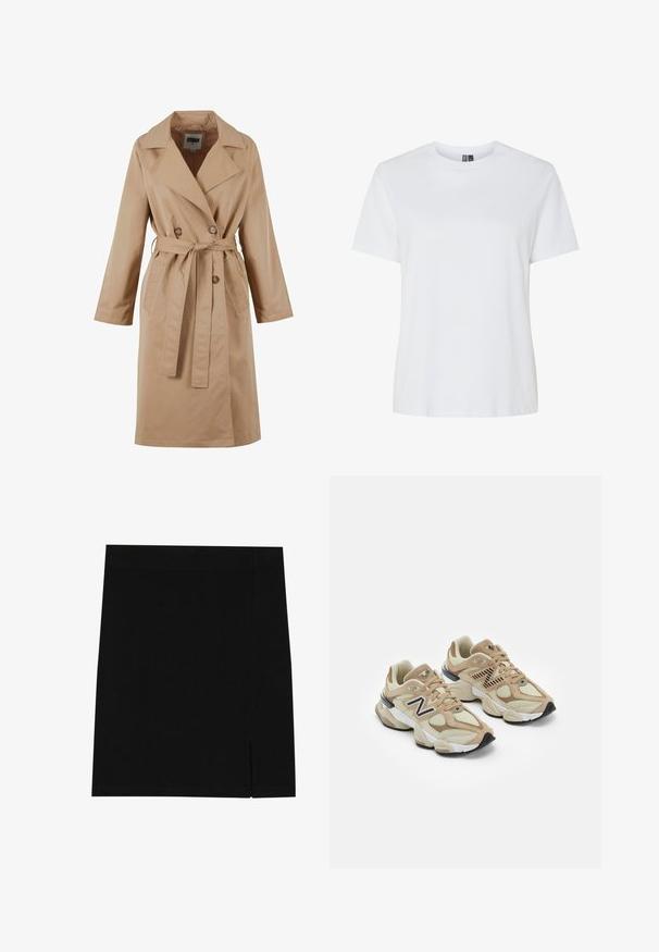 Bež plašč s dvojno zapenjanjem, velikim ovratnikom, pasom za zavezovanje in stranskimi žepi. Narejen iz gladkega, lahkega materiala.; Bela bombažna majica s kratkimi rokavi in okroglo izrezom. Gladka tekstura, sproščen kroj in brez vidnih vzorcev ali dodatkov.; Črna mini krila iz mehkega materiala s prilegajočim se krojem, ki ima rahel razporek ob strani za dodatno podrobnost.; Bež teniske z mrežastim in semiš materialom. Imajo črn logo in teksturirane detajle. Debela bela srednja podloga in črn gumijast podplat.