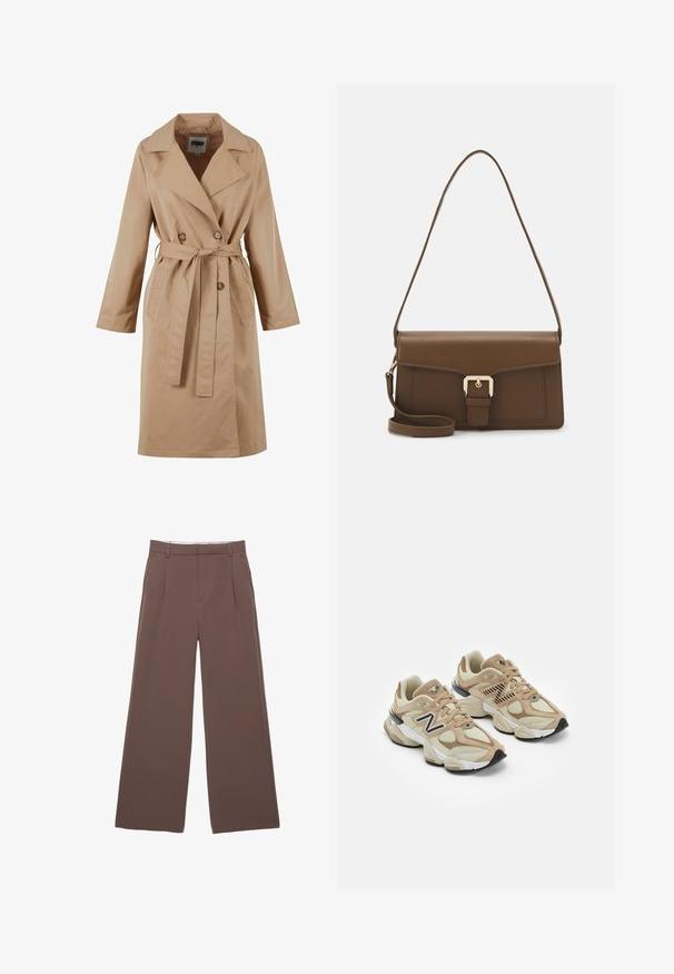 Beżowy płaszcz trench z podwójnym zapięciem, dużym kołnierzem, paskiem do związania i bocznymi kieszeniami. Wykonany z gładkiego, lekkiego materiału.; Długi rękaw jasnobeżowy top wykonany z miękkiego materiału. Posiada okrągły dekolt i dopasowany krój, z minimalnymi detalami szwów.; Szerokie spodnie w jednolitym brązowym kolorze, z gładką fakturą, fałdami z przodu i dopasowanym paskiem w talii. Brak widocznych logo lub wzorów.; Beżowe sneakersy z siateczki i zamszu. Zawierają czarne logo i teksturowane akcenty. Gruba biała środkowa podeszwa i czarna gumowa podeszwa.; Brązowa skórzana torebka o prostokątnym kształcie, z klapką z przodu, złotymi elementami i długim, regulowanym paskiem.