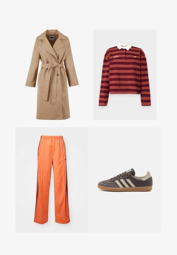 Beige trenčkot s dvouvrstvým designem, velkým límcem, páskem na zavázání a bočními kapsami. Vyroben z hladké, lehké tkaniny.; Tmavě červený a hnědočervený pruhovaný polo tričko s dlouhým rukávem, s bílým límcem, obsahující zlaté vyšívané logo a malé logo na hrudi.; Oranžové sportovní kalhoty vyrobené z hladkého materiálu, s širokým střihem, elastickým pasem a kontrastními bočními pruhy.; Hnědé kožené tenisky se třemi světlými pruhy, gumovou podrážkou, zaoblenou špičkou a texturovanými semišovými detaily na patě a špičce.