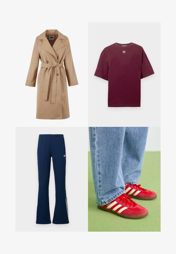 Beige színű trench coat, dupla gombolású dizájnnal, nagy gallérral, övvel és oldalsó zsebekkel. Simább, könnyű anyagból készült.; Bordó pamut póló kerek nyakkivágással és rövid ujjakkal, középen fehér Adidas logóval a mellkason. Simább textúra.; Tengerészkék bordázott, bővülő szabású melegítőnadrág fehér oldalsávokkal és bal oldalon hímzett logóval, két oldalzsebbel.; Piros velúr sportcipők három fehér csíkkal, kerek orral és texturált talppal, világoskék farmernadrággal párosítva egy zöld háttér előtt.
