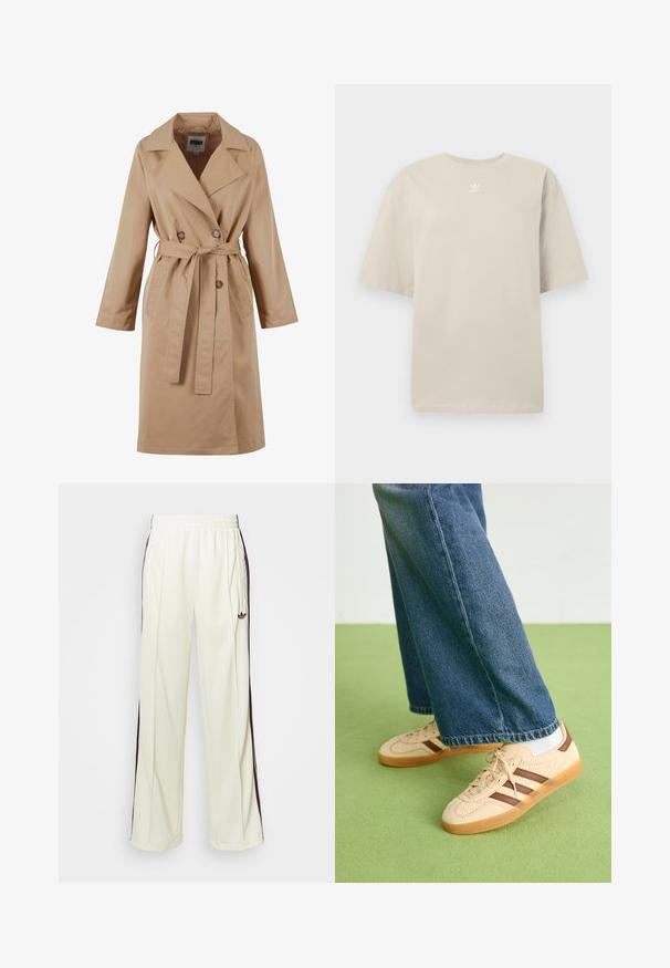 Beige trenchcoat med dobbeltradet design, stor krage, belte og sidelommer. Laget av glatt, lett stoff.; Beige kortermet T-skjorte laget av bomull, med rund hals og liten hvit Adidas-logo trykt på brystet. Myk tekstur, ledig passform.; Kremfargede joggebukser med en avslappet passform, som har mørkebrune sidestriper og en brodert logo på venstre lår.; Beige joggesko med teksturerte kremfargede paneler og brune striper, parret med blå denimjeans. Jeansene har vid ben og frynsete kant.