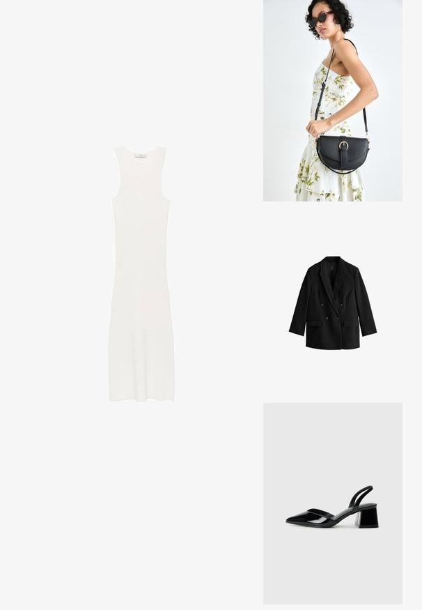 Blazer negro de doble botonadura con solapas en pico, dos bolsillos frontales y botones. Tela suave con un corte entallado y mangas largas.; Vestido blanco sin mangas de punto acanalado con una silueta ajustada, que llega por debajo de las rodillas. Diseño simple y minimalista, sin patrones ni herrajes.; Zapatos de tacón slingback de charol negro con punta afilada y tacón geométrico en bloque. Presentan un diseño elegante y minimalista, así como una textura suave.; Bolso de piel negra con forma curva, correa desmontable y herrajes dorados. El bolso cuenta con una solapa con un detalle de hebilla.