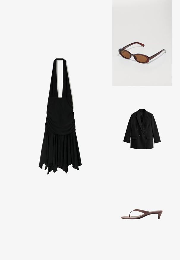 Sort dobbeltradet blazer med notch lapels, to frontlommer og knapper. Glat stof med skræddersyet snit og lange ærmer.; Sort kjole med halterneck, skræddersyet overdel og bred, svajende nederdel. Lavet af blødt stof med ujævne, flydende kanter.; Brune hælflip-flop sandal med en slank rem og rund tåpost, der har et lille guldaccent på fodsengen.; Runde, bruntonede solbriller med en glansfuld bordeauxramme. Slanke arme med diskret brandingdetalje. Flad linsedesign.