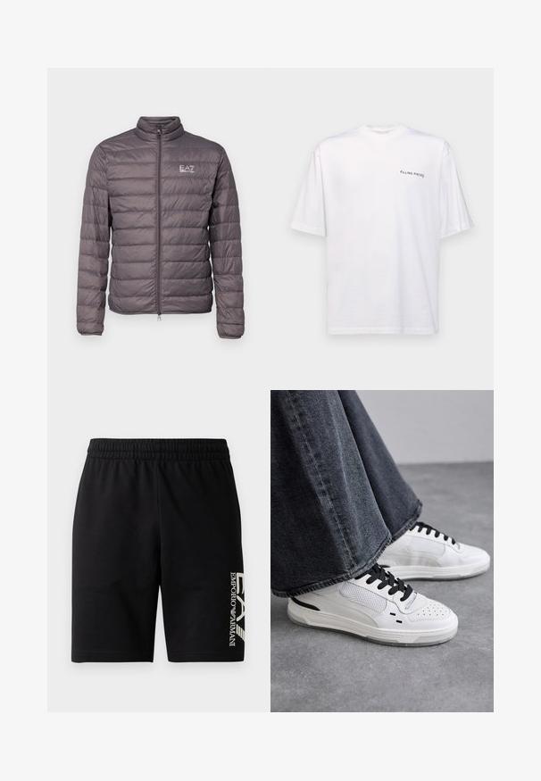 EA7 Emporio Armani JACKET - Dūnu jaka - volcanic glass; Baltas īsām piedurknēm T-kreklis no kokvilnas ar V veida kakla izgriezumu, uz kura kreisajā pusē ir melns "FILLING PIECES" logo.; EA7 Emporio Armani TRAIN VISIBILITY - Šorti - black/cream; Baltas sneakers ar melnām auklām un sieta detaļām. Iekļauj gludu ādas virsu un strukturētu gumijas zoli. Pāris ar platām pelēkām džinsām.