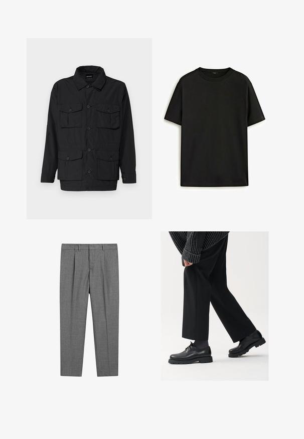 Czarna, lekka kurtka z zapięciem na guziki, dwiema kieszeniami na piersi i dwoma dolnymi kieszeniami z klapką. Posiada kołnierz i długie rękawy.; Czarny bawełniany t-shirt z klasycznym okrągłym dekoltem, krótkimi rękawami i luźnym krojem. Gładka faktura, bez wzorów ani ozdób.; Szare dopasowane spodnie z teksturowanym splotem, z płaskim przodem, plisowanymi nogawkami, szlufkami na pasek i standardowym stanem.; Czarne skórzane buty z okrągłym noskiem, sznurowanym zapięciem i grubą, fakturowaną podeszwą. Noszone z dopasowanymi czarnymi spodniami i swetrem z prążkowanej tkaniny.