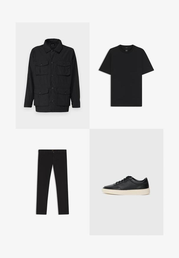 Sort, let jakke med knaplukning fortil, to brystlommer og to nederste klaplommer. Har en krave og lange ærmer.; Sort kortærmet T-shirt lavet af en glat bomuldsblanding, med en rund halsudskæring og et minimalistisk design uden mønstre eller accenter.; Sorte bukser lavet af stof med en glat tekstur. Har en knaplukning, bæltestropper og sidelommer. Standard design med lige ben.; Sort lavt top lædersneaker med sorte snørebånd og off-white sål vist i sideprofil på hvid baggrund.