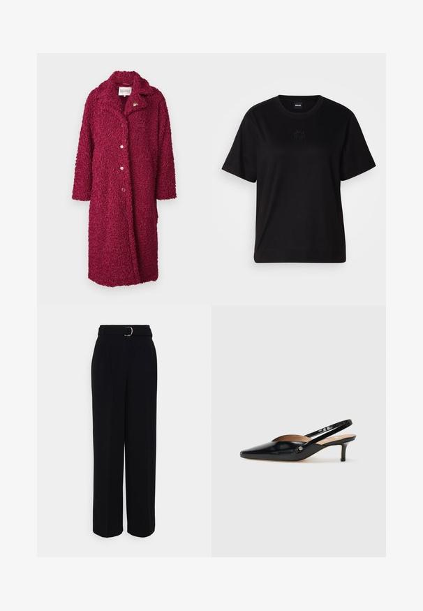 Μπορντό, αφράτος παλτό με υφασμάτινη επιφάνεια, διαθέτει γιακά, τρία κουμπιά και τρία τέταρτα μανίκια. Απλός σχεδιασμός, μήκους μέχρι το γόνατο.; Μαύρο βαμβακερό μπλουζάκι με στρογγυλή λαιμόκοψη, κοντά μανίκια και κεντημένο λογότυπο στο στήθος. Απλή, χαλαρή γραμμή χωρίς σχέδια.; Μαύρο ταγμένο παντελόνι με φαρδιά γραμμή, που διαθέτει ζώνη με ασημένια πόρπη, πιέτες και μαλακή υφή υφάσματος.; Μαύρη πατενταρισμένη δερμάτινη πετρούλα με μυτερή μύτη, μικρό τακούνι και σχέδιο με κοψίματα στο επάνω μέρος. Χρυσές λεπτομέρειες στο πλάι.