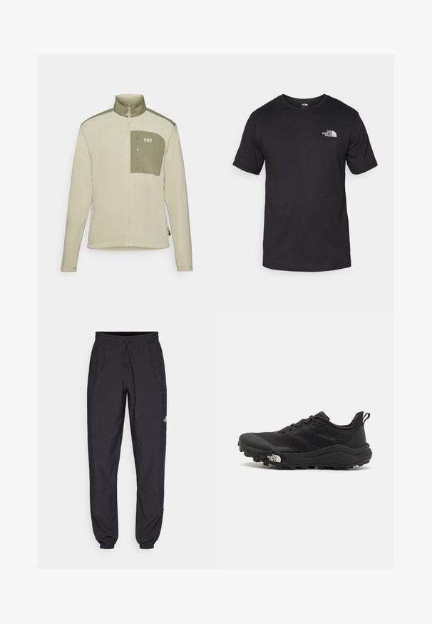 Fleece jacket in light beige with a green shoulder panel and chest pocket. Features a high collar and zippered pocket for secure storage.; Black short-sleeve t-shirt made of cotton, featuring a round neckline and a small white logo on the upper left chest area.; Black athletic pants made from lightweight fabric, featuring a drawstring waistband, side pockets, and tapered cuffs at the ankles.; Black trail running shoe with a textured upper, rubber sole, and reinforced toe cap. Features a padded collar and pull tab for easy wear.