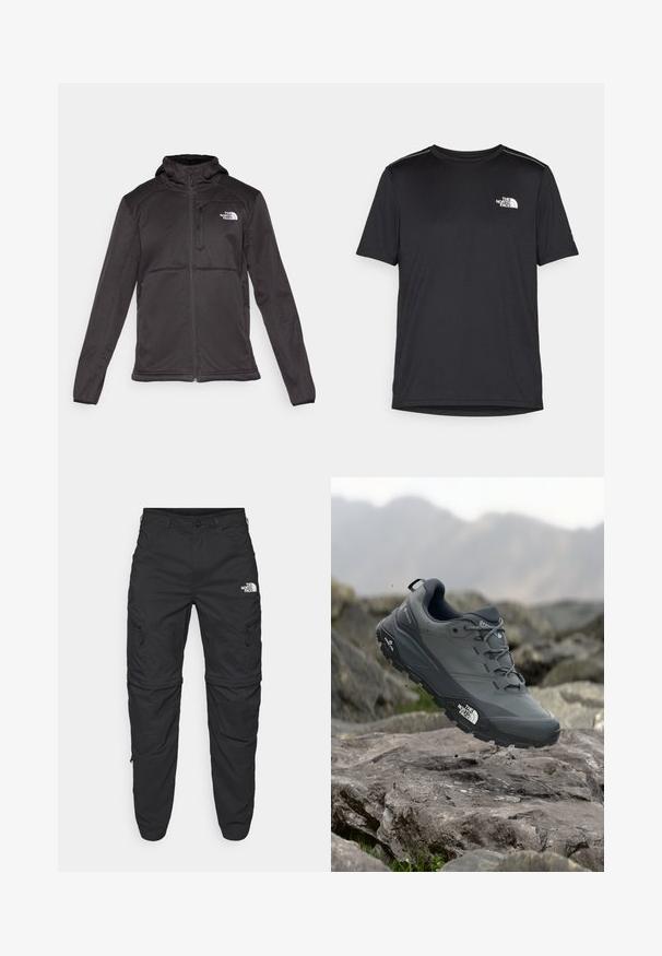 The North Face M QUEST HOODED SOFTSHELL - Softshelljacke - black; Schwarzes T-Shirt mit kurzen Ärmeln aus leichtem Stoff. Mit einem kleinen weißen Logo auf der linken Brust und dezenten Akzenten an den Schultern.; The North Face EXPLORATION TAPERED CONVERTIBLE - Outdoor-Hose - black; Grau Trailrunning-Schuh mit einer strukturierten Oberseite, haltbarer Gummisohle und verstärkter Zehenkappe. Verfügt über Schnürsenkel und ein Markenlogo an der Seite.