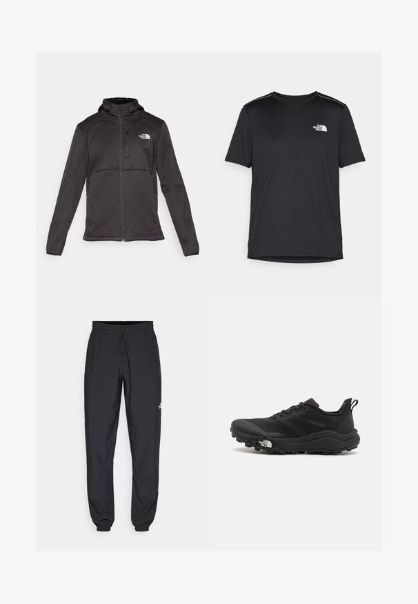 The North Face M QUEST HOODED SOFTSHELL - Soft shell jacket - black; Black short-sleeve T-shirt made from lightweight fabric. Features a small white logo on the left chest and subtle shoulder accents.; Black athletic pants made from lightweight fabric, featuring a drawstring waistband, side pockets, and tapered cuffs at the ankles.; Black trail running shoe with a textured upper, rubber sole, and reinforced toe cap. Features a padded collar and pull tab for easy wear.