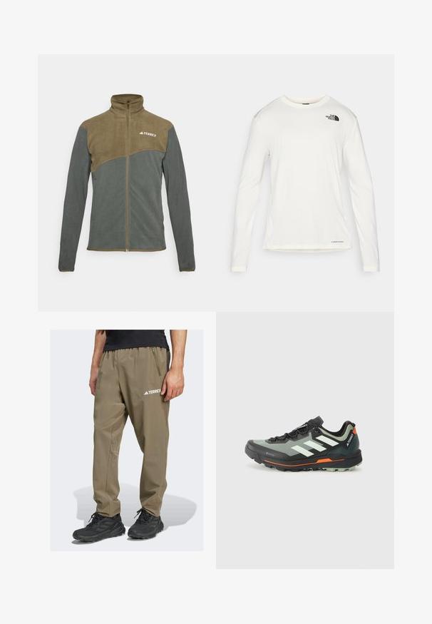 Giacca in pile con colletto alto, caratterizzata da un design bicolore in verde oliva e grigio scuro. Chiusura con zip e logo sul lato superiore sinistro.; Camicia bianca a maniche lunghe con colletto tondo, tessuto testurizzato, logo nero sulla spalla sinistra e branding sottile sul fondo.; Pantaloni da trekking leggeri color khaki del marchio Terrex con vita elasticizzata, tasca laterale e dettaglio logo. Realizzati in tessuto resistente e traspirante.; Scarpa leggera da trail running con tomaia in mesh grigia e nera, dettagli arancioni e suola robusta per la trazione. Rivestimento impermeabile in Gore-Tex.