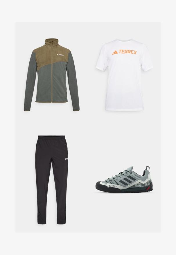 Fleece jacket with high collar, featuring a two-tone design in olive green and dark gray. Zip closure and logo on the upper left side.; White short-sleeve athletic shirt made of breathable material, featuring an orange "TERREX" logo across the chest. Simple design with clean lines.; Black athletic pants with an elastic waistband, two side zip pockets, and a logo on the upper right leg. Smooth, lightweight fabric.; Gray climbing shoes featuring a textured upper, black rubber toe cap, three dark stripes, and a small red accent on the sole.