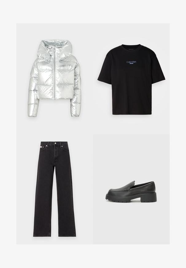 Sidabrinė metalinė pūkinė striukė su trumpu modeliu, didelėmis gaubtu, užtrauktuku užsegama ir siūta tekstūra; turi gumines rankoves.; Juodas medvilnės marškinėliai su apykakle, trumpomis rankovėmis ir mėlynai siuvinėtu "Calvin Klein JEANS" logotipu priekyje.; Juodos plačios kojų džinsai, pagaminti iš džinsinio audinio, su aukštu liemeniu, penkių kišenių stiliumi ir metaline sagte su kontrastingo siuvimo detalėmis.; Juodi odiniai loaferiai su apvaliu pirštu, storu tekstūruotu padu ir minimaliu siūlių dekoru. Išskirtinis dizainas be matomų raištelių ar furnitūros.