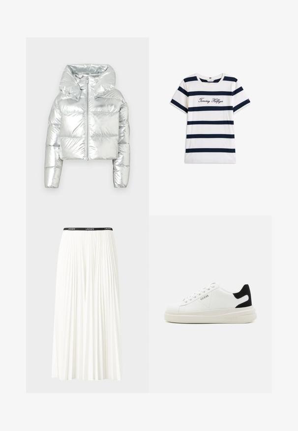 Zilveren metallic pufferjack met een cropped ontwerp, oversized capuchon, ritssluiting en geborduurde textuur; heeft elastische manchetten.; Katoenen T-shirt met horizontale marineblauwe strepen op een witte achtergrond. "Tommy Hilfiger" geborduurd in cursieve letters op de borst. Ronde hals.; Plisséminirok in het wit met een zwarte elastische tailleband met het "LACOSTE"-logo. Middellange ontwerp met een zachte textuur.; Witte leren sneakers met een dikke witte zool, zwarte suède hielaccent en een geperst logo op de zijkant. Vetersluiting met zes oogjes.