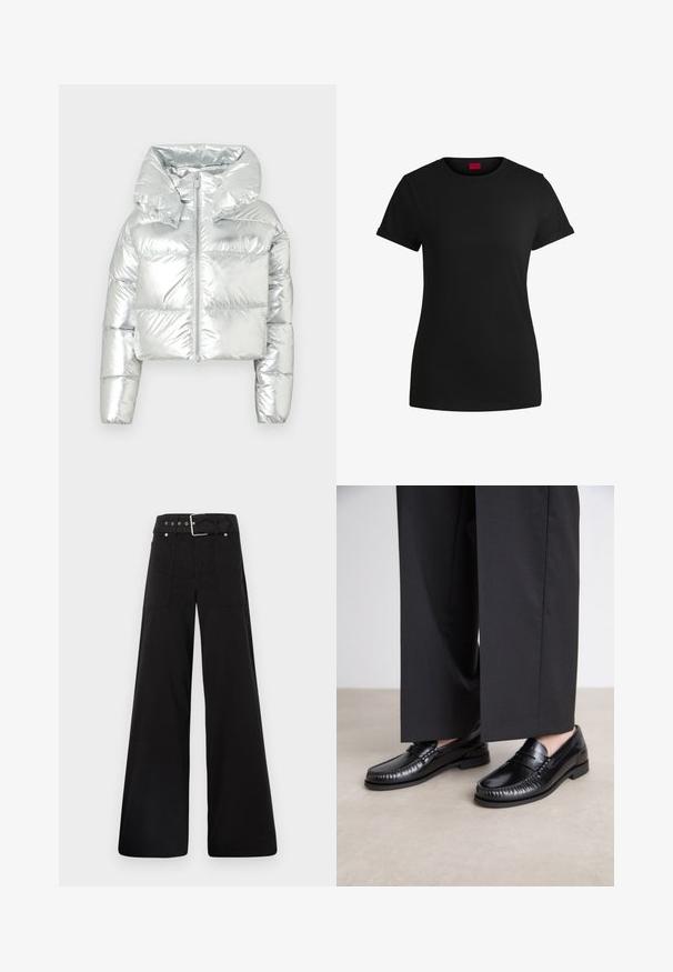 Jacket in piuma argentata con design cropped, cappuccio oversize, chiusura con zip e texture trapuntata; presenta polsini elasticizzati.; T-shirt in cotone nero con maniche corte arrotolate, scollatura rotonda e etichetta rossa. Texture liscia, forma aderente con dettagli minimi.; Pantaloni neri a gamba larga realizzati in cotone, con vita alta, ampie tasche laterali e vita con cintura arricchita da dettagli in metallo argentato.; Mocassini in pelle nera con una finitura liscia, dettagli cuciti attorno alla punta e suola in gomma bassa. Abbinati a pantaloni neri larghi.
