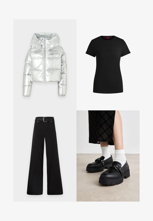 Stříbrná metalická péřová bunda s krátkým střihem, oversized kapucí, zipem a prošívanou texturou; má elastické manžety.; Černé bavlněné tričko s krátkými rukávy s rolled úpravou, kulatým výstřihem a červenou etiketa. Hladká textura, přiléhavý střih s minimálními detaily.; Černé široké kalhoty vyrobené z bavlny, s vysokým pasem, velkými bočními kapsami a opaskem s kovovými akcenty v barvě stříbra.; Černé platformové loafers s hladkým koženým povrchem, vybavené detailem s přezkou a hřebíkovými akcenty, v kombinaci s bílými žebrovanými ponožkami.