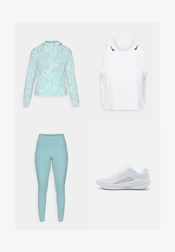 Veste bleu clair avec un motif léopard, dotée d'une capuche et de manches longues, fabriquée en tissu lisse et léger.; Débardeur blanc sans manches en tissu léger, avec des accents du logo Nike noir sur les épaules, un col rond et une coupe décontractée.; Leggings bleu clair en matière extensible, dotés d'une taille haute, d'un design sans couture et de légères accents blancs sur les côtés.; Baskets blanches avec une tige en mesh, bout rond et semelle texturée. Présentent un swoosh Nike argenté et un design minimaliste.