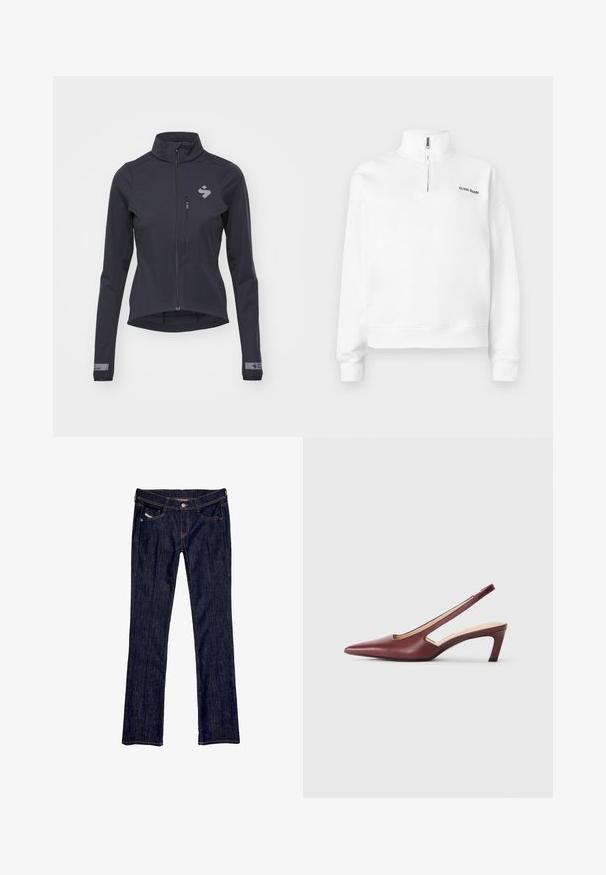 Sötét tengerészkék softshell dzseki, teljes cipzárral, magas gallérral, testhez simuló kialakítással és visszaverő logóval a mellkason és a mandzsettákon. Simaság és könnyű súly jellemzi.; Fehér pulóver dzseki magas gallérral és fél cipzárral. Kicsi fekete logó található a mellrészen, valamint bordázott mandzsetták. Sima textúra.; Sötétkék farmernadrág, egyenes lábbal, elöl gombos záródással, öt zsebbel és látható varrással az seams mentén.; Burgundy színű, hegyes orrú, oldalán kivágott részletekkel rendelkező slingback sarkú cipők, közepes magasságú tömbsarkúval. Sima bőrfelület.
