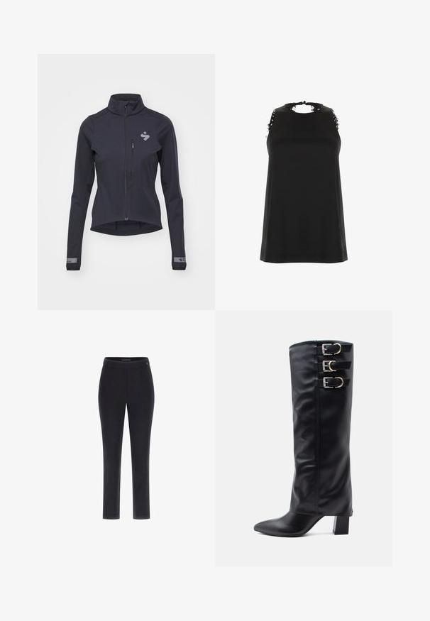 Tume mereva softshell jakk, täispikk tõmblukk, kõrge krae, vormitud disain ja peegeldav logo rinnal ja varrukatel. Sile tekstuur ja kerge.; Mustamata ilma varrukat särk kõrge kaelusega, millel on kulunud pitsi aktsendid õlgadel ja sile ning pehme tekstuur.; Mustad sobivad mustad püksid, millel on sile tekstuur, sirge jala disain ja lai vöökoht. Vöökohta kaunistab väike logo.; Mustad, sujuva kunstnahast kuni põlve ulatuvad saapad, millel on terav nina, küljel kolm hõbedast lukku ja platsheel.