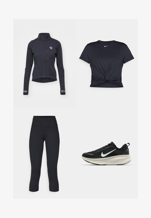 Tume mereva softshell jakk, täispikk tõmblukk, kõrge krae, vormitud disain ja peegeldav logo rinnal ja varrukatel. Sile tekstuur ja kerge.; Mustmust musta sportlik T-särk, mis on valmistatud sujuvast kangast, millel on sõlmega esikülg ja väike valge Nike logo rinnal.; Mustad mustad õhukesed leggingud, mis on valmistatud venivast kangast, kõrge vöökoha ja siledaga, ilma nähtavate mustrite või metalldetailideta.; Musthave mustus Nike jooksujalats, millel on hingav võrgust ülemine osa, valge swoosh logo, tekstuuriga detailid ja kreemja värvusega ZoomX vahevöö.