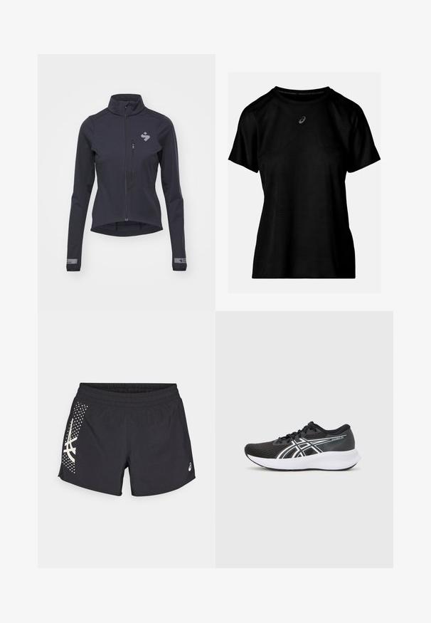 Tume mereva softshell jakk, täispikk tõmblukk, kõrge krae, vormitud disain ja peegeldav logo rinnal ja varrukatel. Sile tekstuur ja kerge.; Must kummargline t-särk lühikeste varrukatega, millel on tekstureeritud geomeetriline muster, ümmargune kaelus ja väike logo rinna peal.; Mustad mustad lühikesed püksid elastse vööga ja logoga. Külgedel on valgete aktsentidega disain ja punktmuster.; Mustad mustrennijalanõud, millel on tekstuuriga pese, valged aktsendid ja pehme valge tall. Külje peal on logo ja paelad.