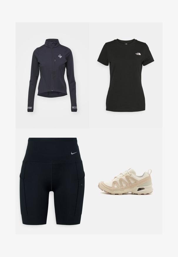 Tume mereva softshell jakk, täispikk tõmblukk, kõrge krae, vormitud disain ja peegeldav logo rinnal ja varrukatel. Sile tekstuur ja kerge.; Mustvalge puuvillane t-särk, millel on ümber kaeluse lõige ja lühikesed varrukad. Märkimisväärne valge logo vasakul ülal nurgas. Sile tekstuur, mugav lõige.; Mustad kõrge vöökohaga sportlikud lühikesed püksid, valmistatud venivast materjalist; külgedel on taskud ja vööl väike Nike logo.; Beež ja koobalti spordijalats tekstureeritud võrkkattega, toetavad ülemised kihid ja kummist tallaga, millel on mustriga joonistus haardeks.