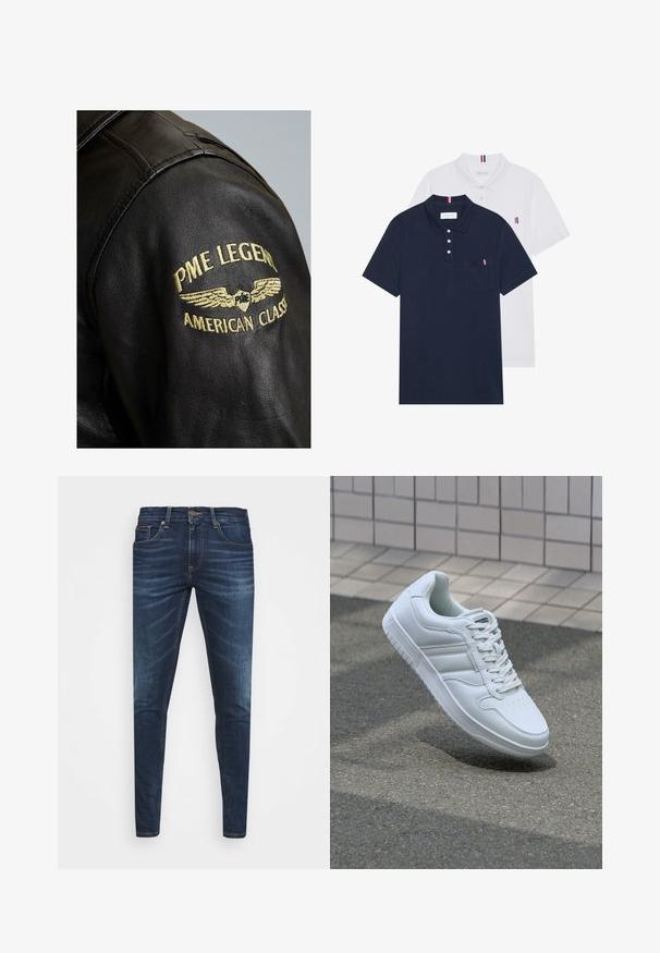 PME Legend GREENVILLE - Kožnata jakna - black; Dva polo majice: jedna tamnoplava i jedna bijela, obje s malim crveno-bijelim-plavim naglaskom na džepu i ovratniku.; Tamno plave traperice uskog kroja, s blagim izbljeđivanjem, pet džepova i metalnim zatvaranjem na dugme. Šivani detalji u kontrastnoj boji.; Bijela atletska tenisica s glatkim kožnim gornjim dijelom, vezanjem sprijeda, perforiranim vrhom i uzorkovanim đonom. Minimalistički dizajn s tri bočne pruge.
